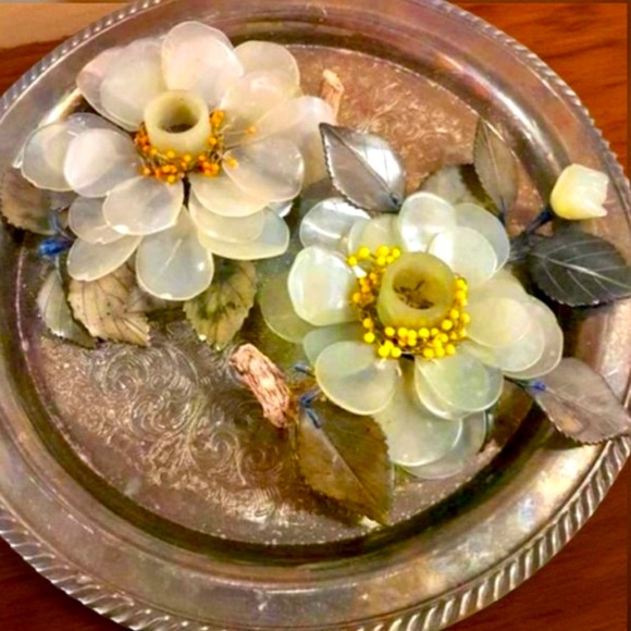 Antique Pair Of Carved Jade Candle Holder Jade Flower Candle Holders set of 2 - Picture 12 of 13